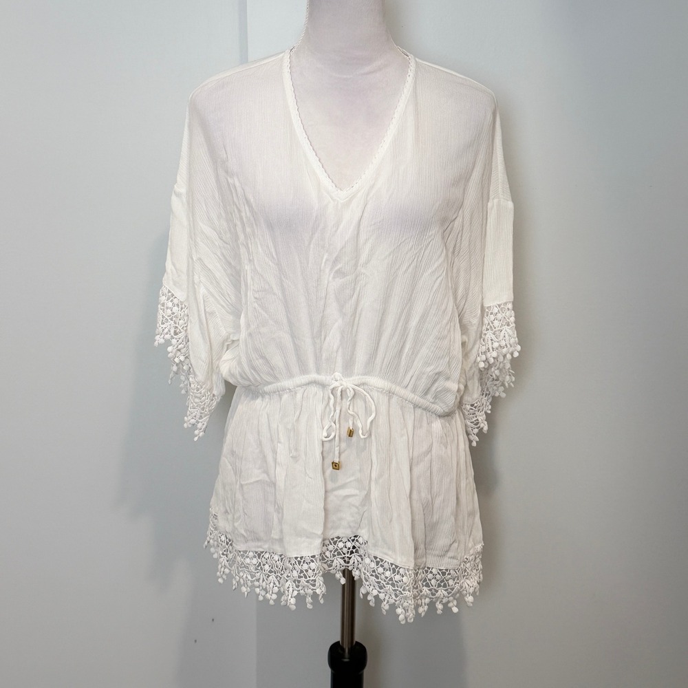 Tory Burch Swim Tunic Cover Up Top White Gauze Crochet Lace Trim Medium